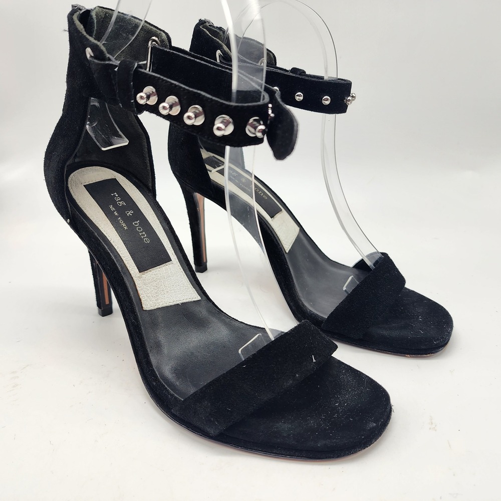 Rag & Bone Tamira Studded Ankle Strap Heels Women's 37 US 7 Black Suede Sandals
